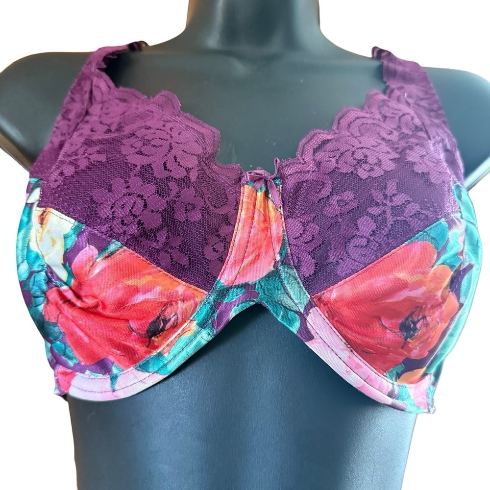 Vintage Maidenform Chantilly Bra 34DD Lace Underwire Floral Silky Satin Unlined